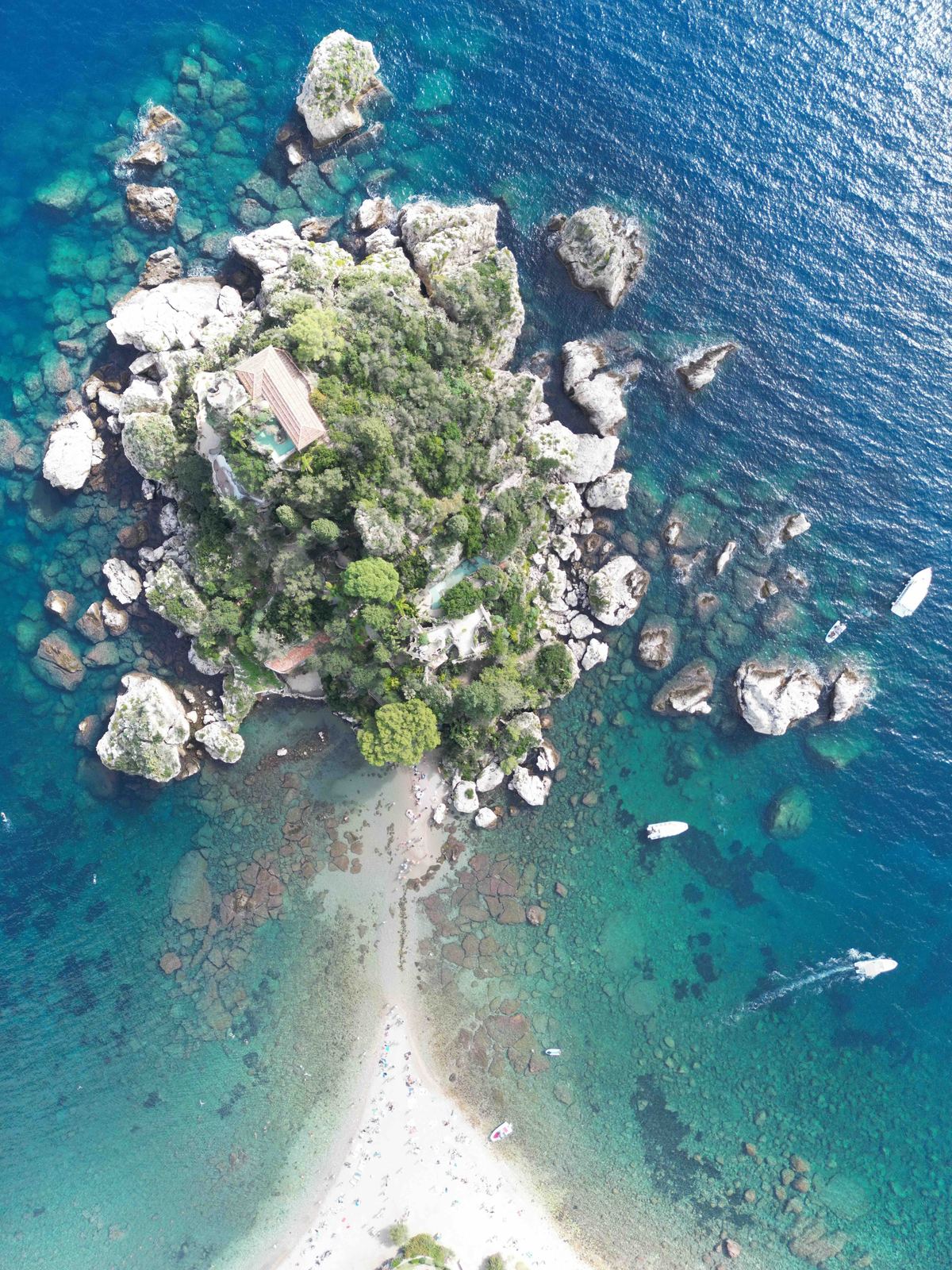 Aerial photograph of Isola Bella, Taormina, Sicilia — Flesh Sand by Raffaele Ferrari